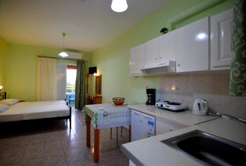 a kitchen with a sink and a couch in a room at Elena Apartments stoypa in Stoupa