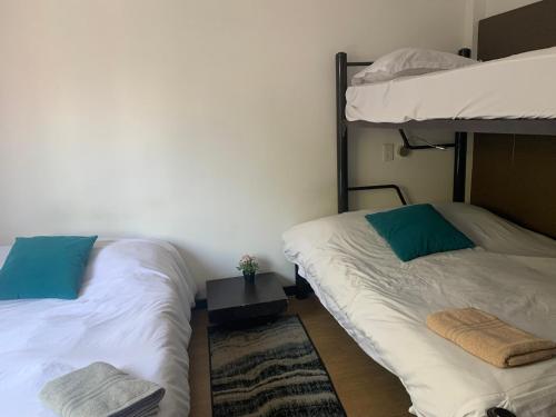 a bedroom with two bunk beds and a rug at Hermosa Habitación con balcon cama mat y litera Polanco in Mexico City