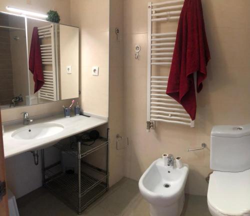 uma casa de banho com um lavatório, um WC e um espelho. em Disfruta del Montseny em Santa Maria de Palautordera