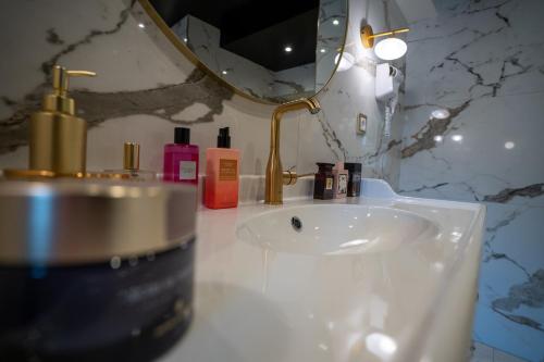 a bathroom with a sink and a mirror at Appartement d'exception avec Jacuzzi in Villefranche-sur-Saône