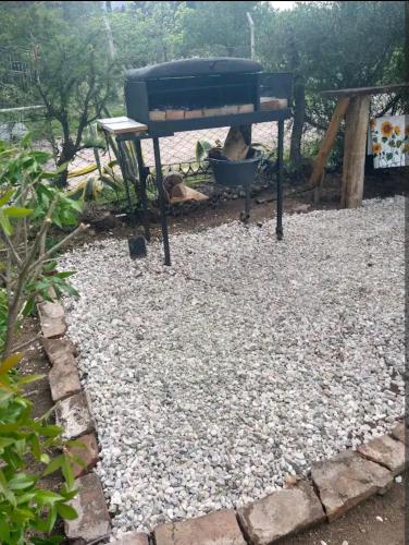 a black piano sitting in a yard next to a table at Cabaña Gaia in Los Cocos