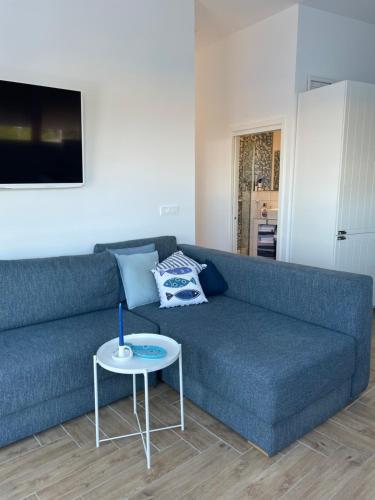 - un canapé bleu dans le salon avec une table dans l'établissement Apartment Mañana STINICA, à Jablanac