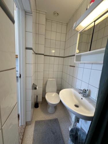 uma casa de banho com um WC branco e um lavatório. em Rentalux Apartments at Nytorget em Sundsvall