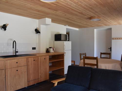une cuisine avec un évier et un canapé dans une chambre dans l'établissement Rez-de-jardin ensoleillé, 3 pièces, proche centre et pistes, animaux acceptés - FR-1-464-206, à Pralognan-la-Vanoise