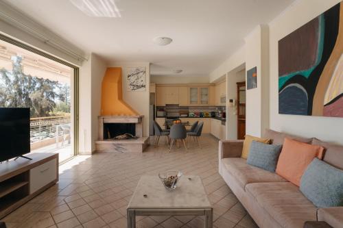 a living room with a couch and a fireplace at Nefeli City Apartments in Patra