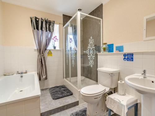 a bathroom with a toilet and a shower and a sink at 1 Bed in Newton Stewart DF198 in Newton Stewart