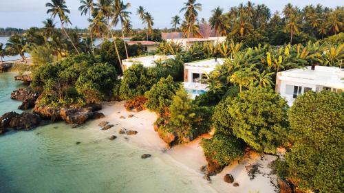 eine Luftansicht auf einen Strand mit Bäumen und Häusern in der Unterkunft Y Residential Luxury Villas in Dikoni