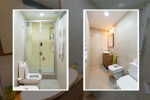 2 fotos de un baño con aseo y ducha en SEMOLERES, en Barcelona