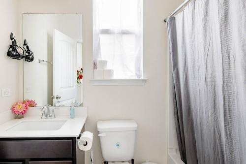 a bathroom with a sink and a toilet and a mirror at Luxury Master Room 1 In Austin's Mckinney Falls in Austin