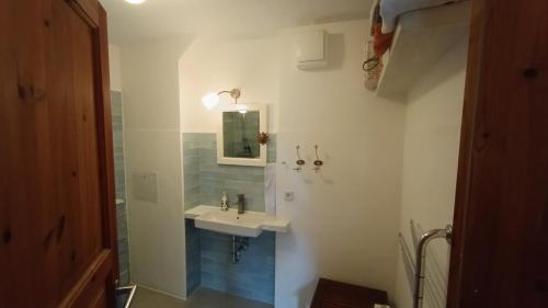 a bathroom with a sink and a mirror at Große Ferienwohnung in Peetzig am See in Angermünde