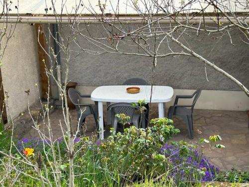 a white table and chairs in a garden with flowers at Nid douillet-Loire à 100m in Saint-Léger-des-Vignes
