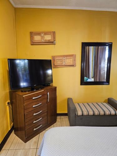 a living room with a flat screen tv and a couch at Hostal Pucara Molina in Molina