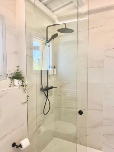 a shower with a glass door in a bathroom at Hotel Aatu - Adults Only in Peratallada