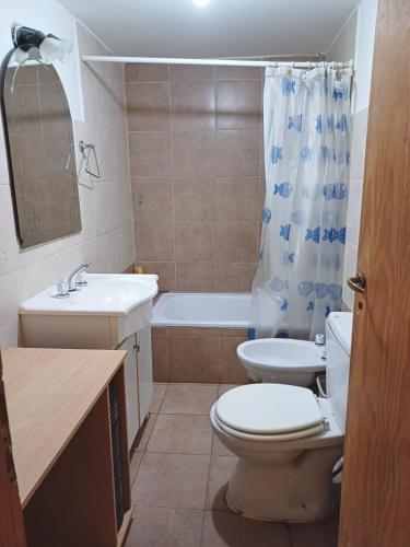 a bathroom with a toilet and a sink and a tub at El Amanecer in Ushuaia