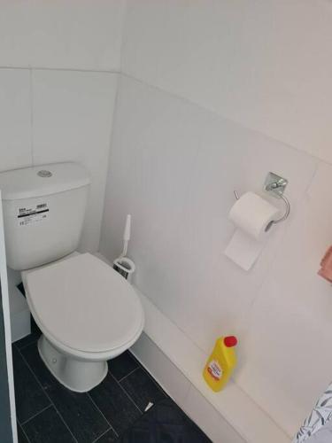 a bathroom with a white toilet and a roll of toilet paper at Room near East Midland Airport Room 7 in Kegworth