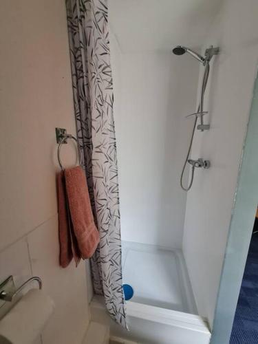 uma cortina de chuveiro na casa de banho com banheira em Room near East Midland Airport 7 em Kegworth