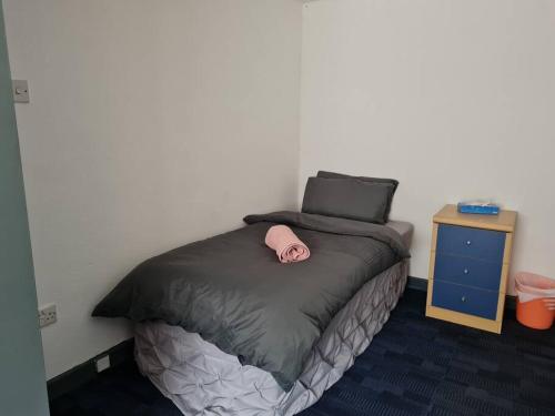 1 dormitorio con 1 cama con ordenador portátil en Room near East Midland Airport 7 en Kegworth