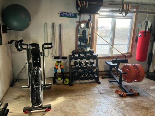 a room with a gym with a bike and weights at The Iona Heights Inn in Iona