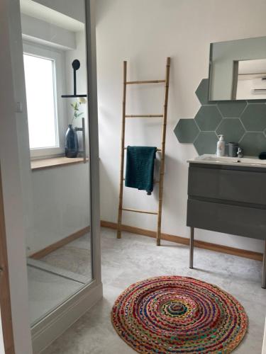 ein Badezimmer mit einem Spiegel, einem Waschbecken und einem Teppich in der Unterkunft Appart Pro & Famille in Verdun-sur-Meuse