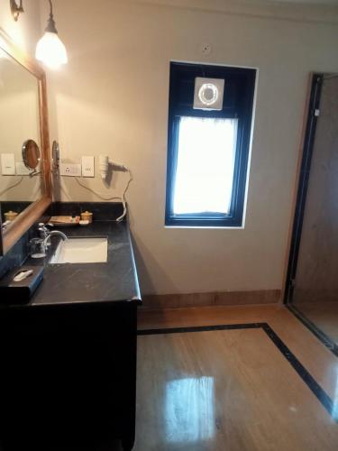 a bathroom with a sink and a window at Juna Mahal Jungle Resort Ranthambore in Sawāi Mādhopur
