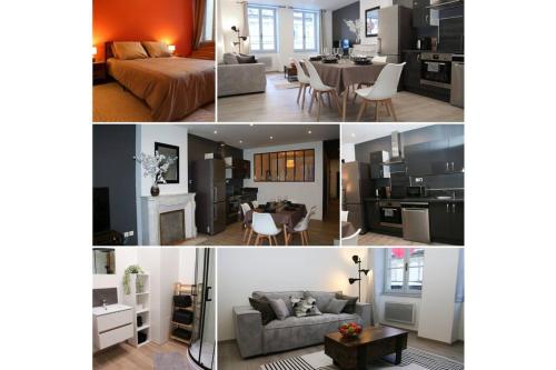 un collage de fotos de una sala de estar y un dormitorio en Hypercentre * Spacieux * Classy - Le Nid urbain, en Pontarlier