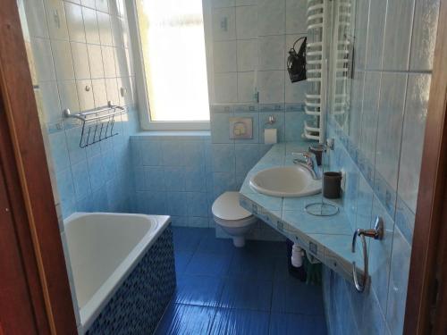 a bathroom with a sink and a tub and a toilet at Willa Malbork in Wrocław