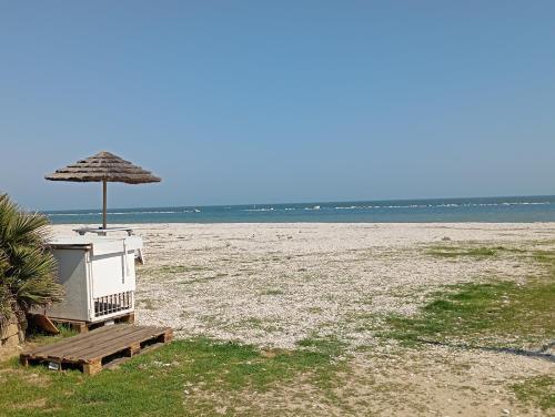 a beach with a chair and an umbrella at B&B Villa Alma in San Costanzo