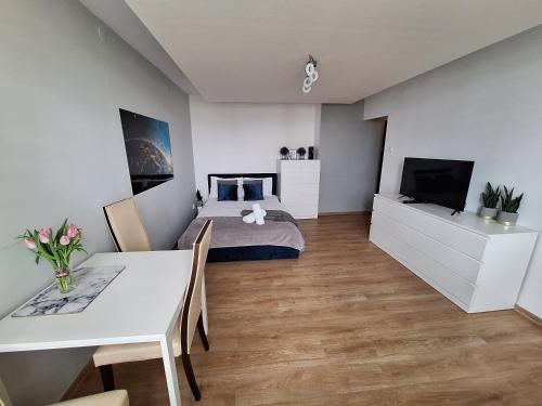 a bedroom with a bed and a table and a television at Apartament 9 PIĘTRO in Toruń