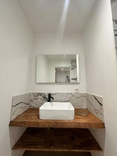 une salle de bain avec un lavabo blanc et un miroir dans l'établissement Exclusive Room BLOIS - Love Room, à Saint-Gervais-la-Forêt