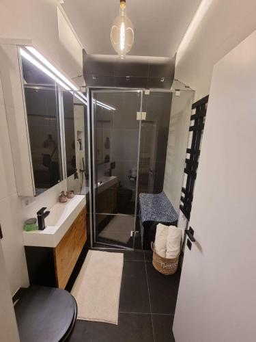 a bathroom with a shower and a sink and a mirror at Квартира возле парка Софиевка in Umanʼ