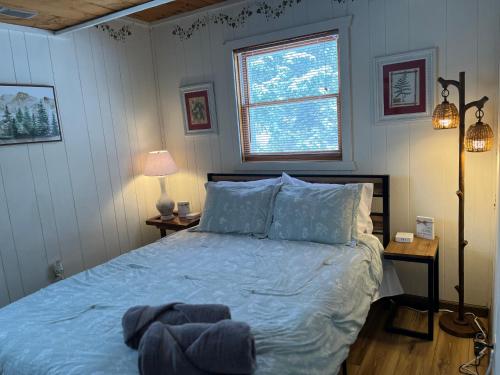 a bedroom with a bed with blue sheets and a window at Snow Otter Haus in Bessemer