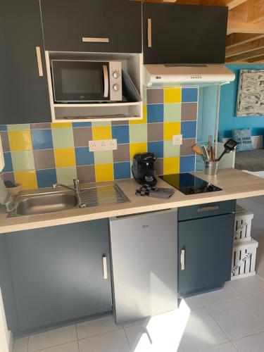 une cuisine avec un évier et un micro-ondes dans l'établissement Marine 4, à Foulerot