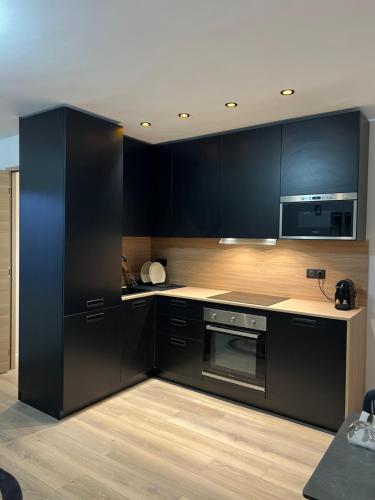 une cuisine avec des armoires noires et des appareils en acier inoxydable dans l'établissement Superbe Appartement - Centre Mandelieu, à Mandelieu-la-Napoule