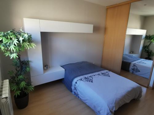una camera con un letto e due piante in vaso di Chambres d'hôtes chez Manon a Sampans
