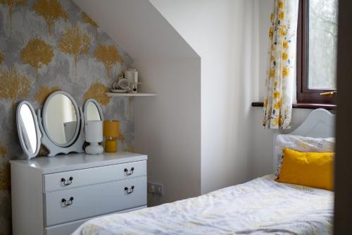 a bedroom with a bed and a dresser with mirrors at Glen Lodge in Ballymoney