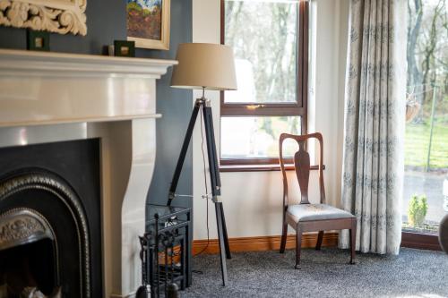 a lamp and a chair in a living room with a fireplace at Glen Lodge in Ballymoney