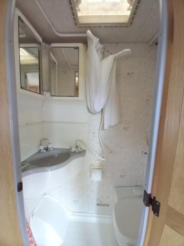 bagno con lavandino e servizi igienici di The Lakeside Cabin a Longmorn