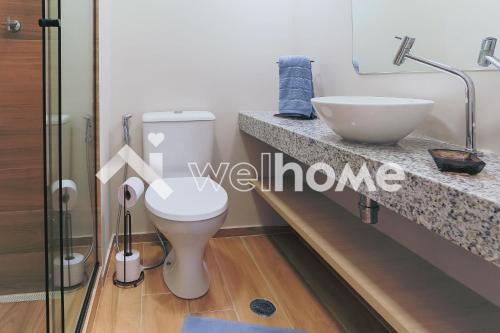 a bathroom with a toilet and a sink at Aconchegante apartamento em Cotia in Cotia