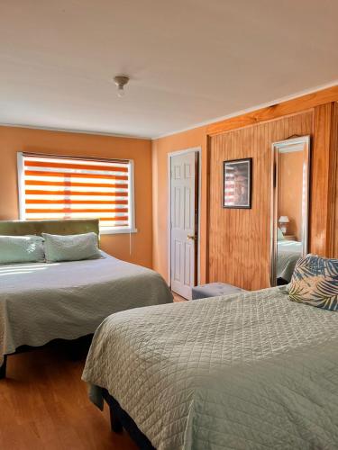 2 Betten in einem Schlafzimmer mit orangefarbenen Wänden in der Unterkunft the house of flowers in Osorno