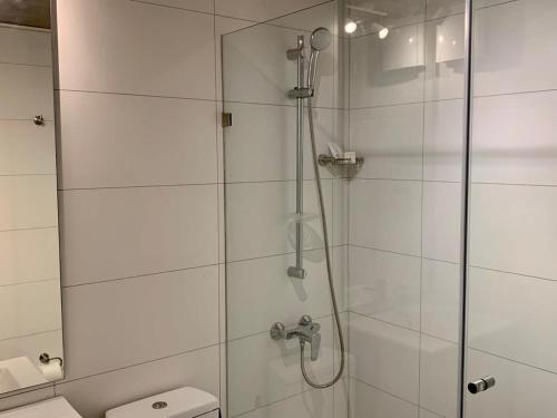 a shower with a glass door next to a toilet at HOM I En Cerro Baron Cómodo Loft Jardín, Estacionamiento 1709 in Valparaíso