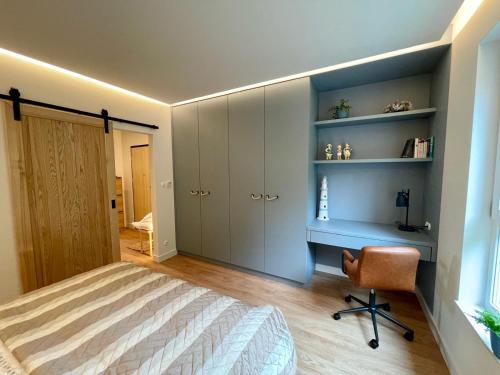 um quarto com uma cama, uma secretária e uma cadeira em Blue Apartament - HOME APART em Ostróda