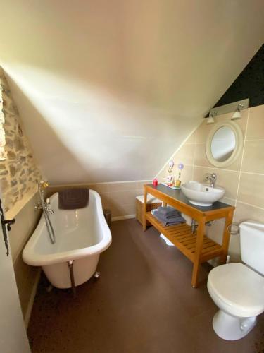een badkamer met een wastafel, een bad en een toilet bij MAS DE JOUAS Rocamadour in Saint-Rémy