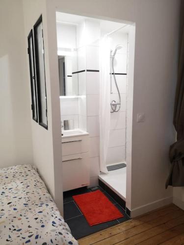 une salle de bain blanche avec une douche et un lavabo dans l'établissement Petite maison de pêcheur au coeur d'Etretat, à Étretat