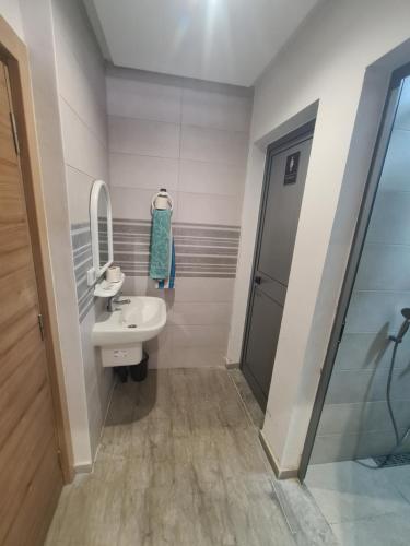 ein Bad mit einem Waschbecken, einem Spiegel und einer Dusche in der Unterkunft studio mami in Tacape