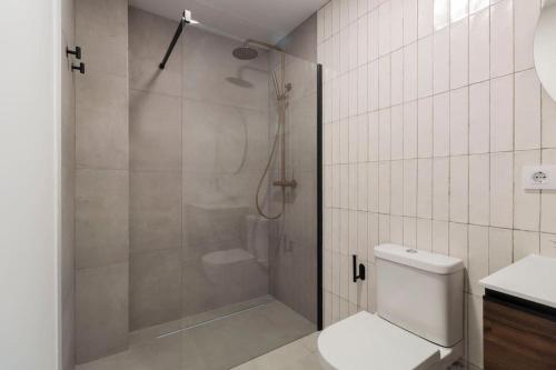 y baño con ducha y aseo. en Tartessos Apartamentos 1 en Sevilla