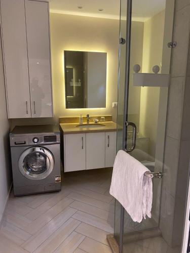 a bathroom with a washing machine and a sink at Dyafa Suites Giza in Cairo