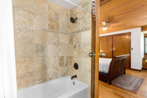 Campbell Log Cabin! Historic Charm, Modern Luxury في كلاركسفيل: حمام مع حوض استحمام وغرفة نوم