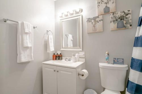 ein Badezimmer mit einem WC, einem Waschbecken und einem Spiegel in der Unterkunft Parkhill Place- Mins from University of South AL in Mobile