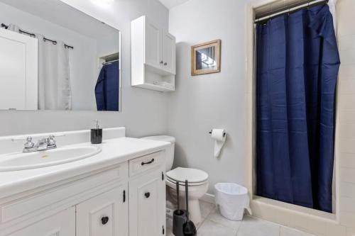 baño con lavabo blanco y cortina de ducha azul en Close to Everything Dining Shopping & Hiking en Little Rock