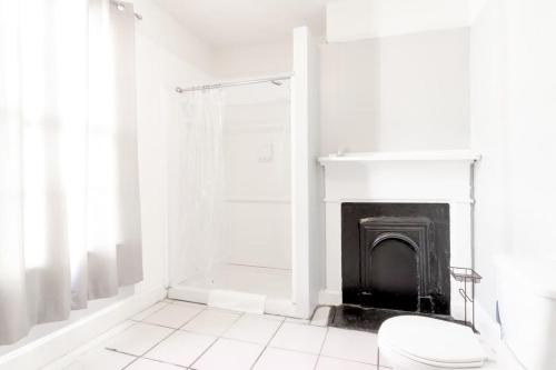 baño blanco con aseo y chimenea en Heart of Downtown Craftsman Walk to Shops Dining, en Columbus